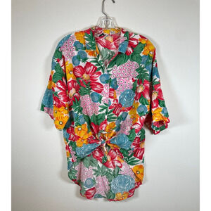 Vintage Tempo Womens Top Small Colorful Floral Tie Front Button Up Art Tropical